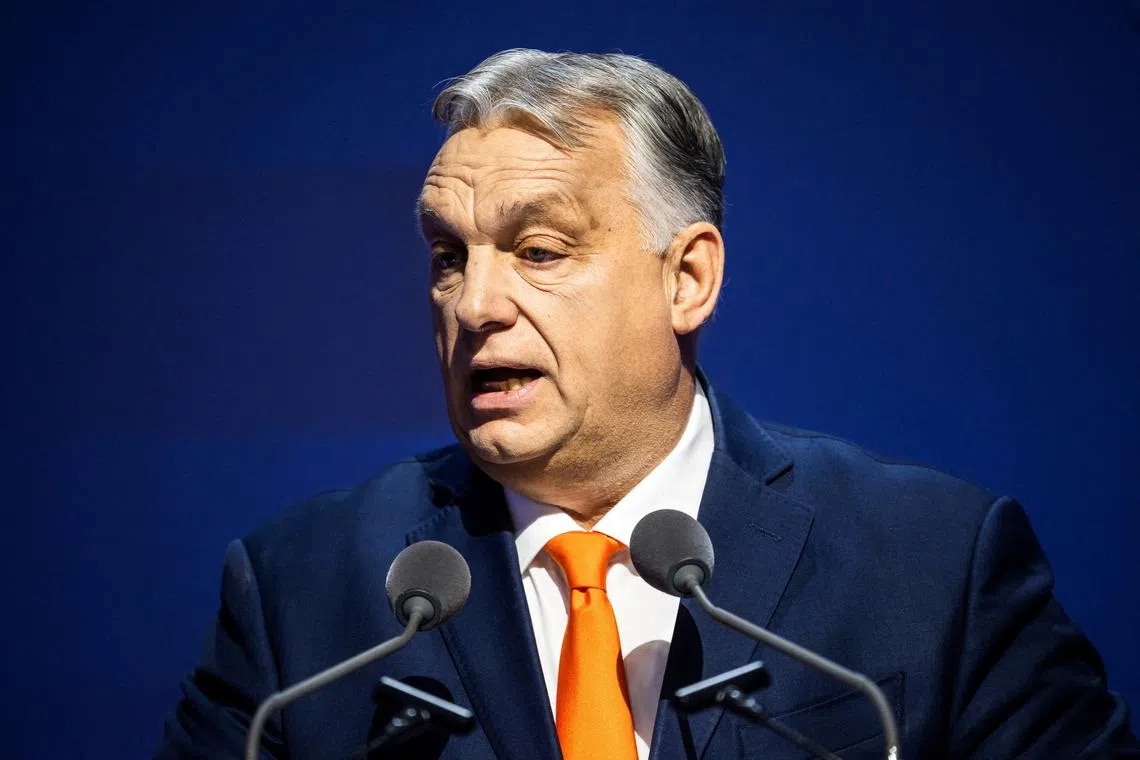 FILE PHOTO: Hungarian Prime Minister Viktor Orban speaks during a conference on the country's presidency of the Council of the EU in Budapest, Hungary January 20, 2025. REUTERS/Marton Monus/File Photo