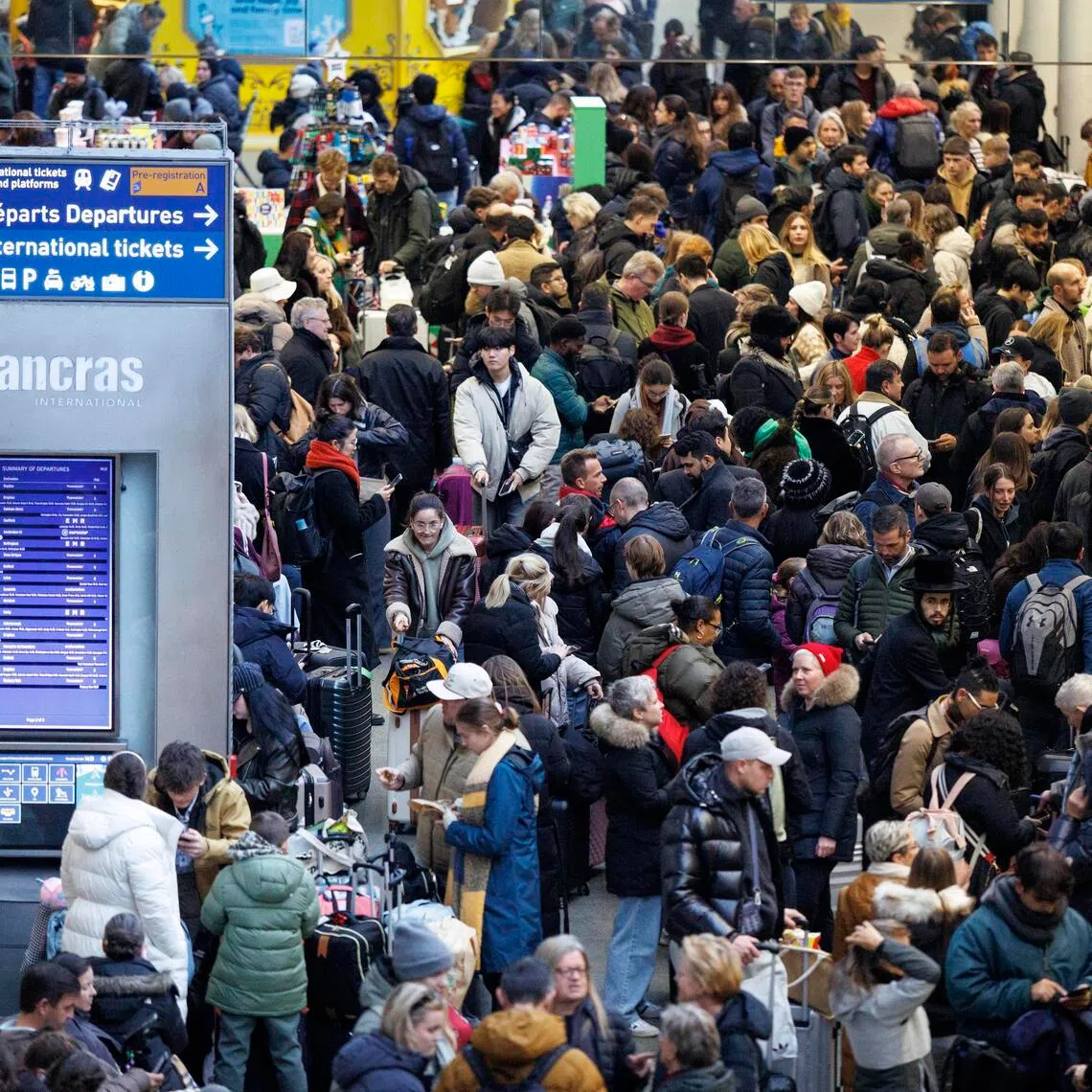 Crowds of stranded travellers swelled at London’s St Pancras International station and at the Gare du Nord in Paris.