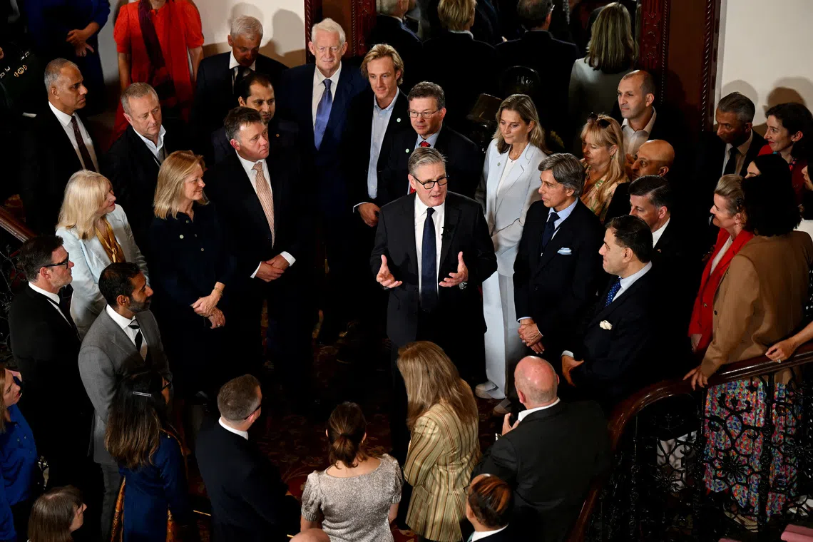British Prime Minister Keir Starmer speaks with business leaders at the Taj Mahal Palace in Mumbai, India, October 8, 2025. Leon Neal/Pool via REUTERS