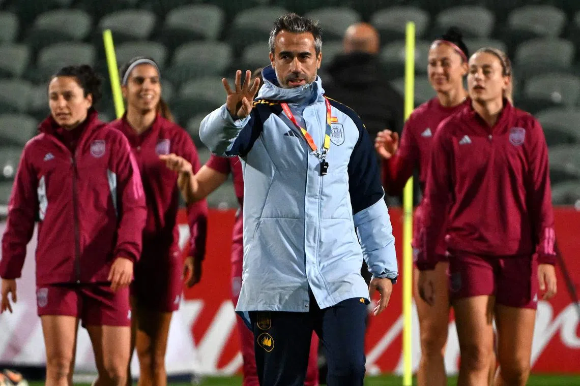 Spain's coach Jorge Vilda escorting his players during a training session at the North Harbour Stadium in Auckland on Monday, ahead of the Women's World Cup semi-final football match against Sweden on Tuesday.