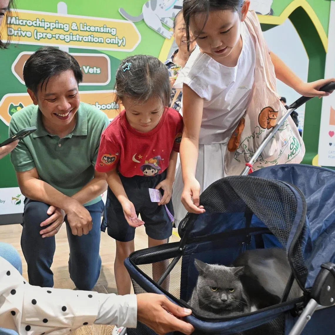 Alvin Tan, Minister of State for National Development and Trade and Industry, (third from left) joins visitors as they admire a cat at the Cat’s Day Out on July 18, 2026.