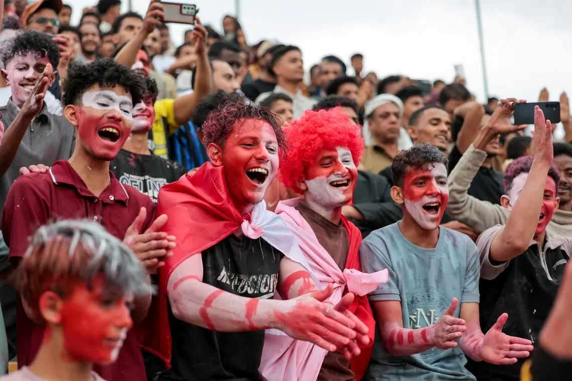 FILE PHOTO: Fans react during a soccer match in Sanaa, Yemen, June 28, 2026. REUTERS/Khaled Abdullah/File Photo