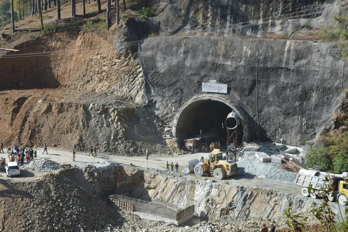 Rescue workers continue to operate at the site of a collapsed under-construction tunnel, on the Brahmakhal Yamunotri National Highway in Uttarkashi, India, on Nov 17.