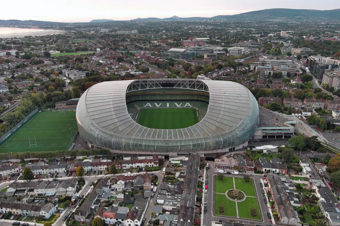 Sep 29, 2025; Dublin, Ireland; A general overall aerial view of Aviva Stadium aka Dublin Arena. Mandatory Credit: Kirby Lee-Imagn Images