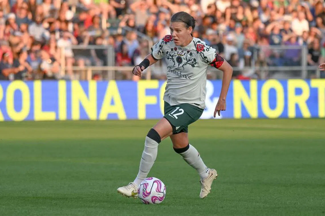 May 6, 2023; Cary, North Carolina, USA; Portland Thorns FC forward Christine Sinclair (12) dribbles against the North Carolina Courage at WakeMed Soccer Park. Mandatory Credit: William Howard-USA TODAY Sports/File Photo