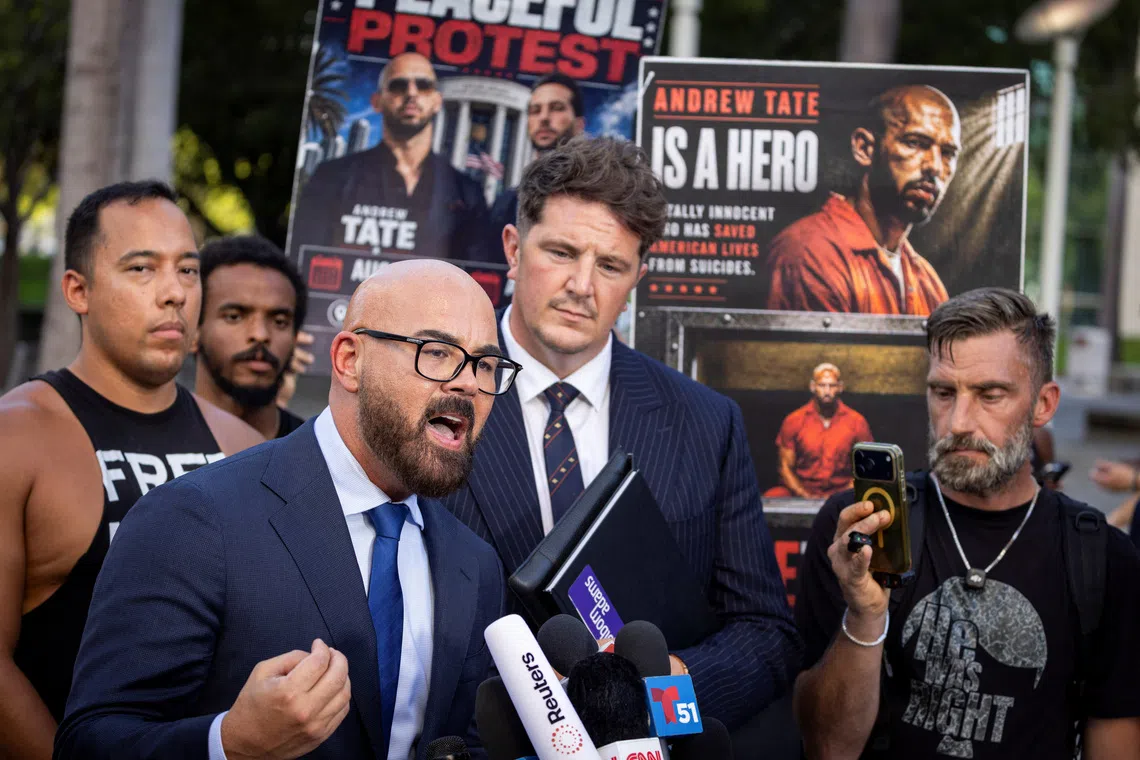 Joseph D. McBride, attorney for Andrew and Tristan Tate, talks to the media after hearing of the social media influencer brothers on Aug 27.