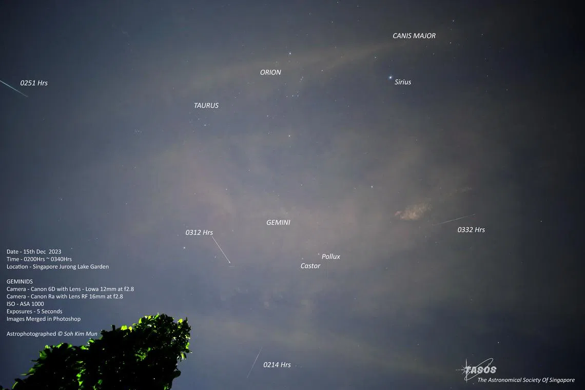 Four photos have been merged to show the sky during the Geminid meteor shower in 2023. 