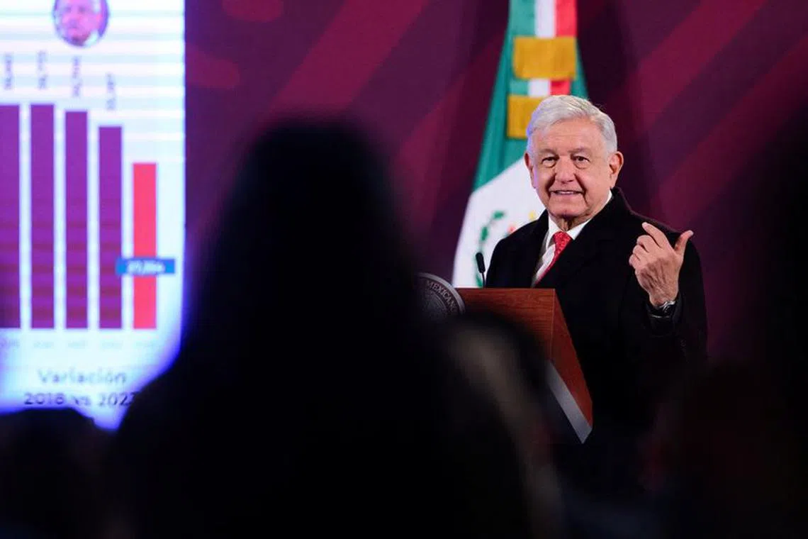 Mexican President Andres Manuel Lopez Obrador speaks during his regular press conference where he called for the outcome of neighbouring Guatemala's presidential election to be respected to avoid \"conflict\" as the country's Attorney General seeks to block the inauguration of President-elect Bernardo Arevalo, at the National Palace in Mexico City, Mexico December 13, 2023. Mexico Presidency/Handout via REUTERS/File Photo