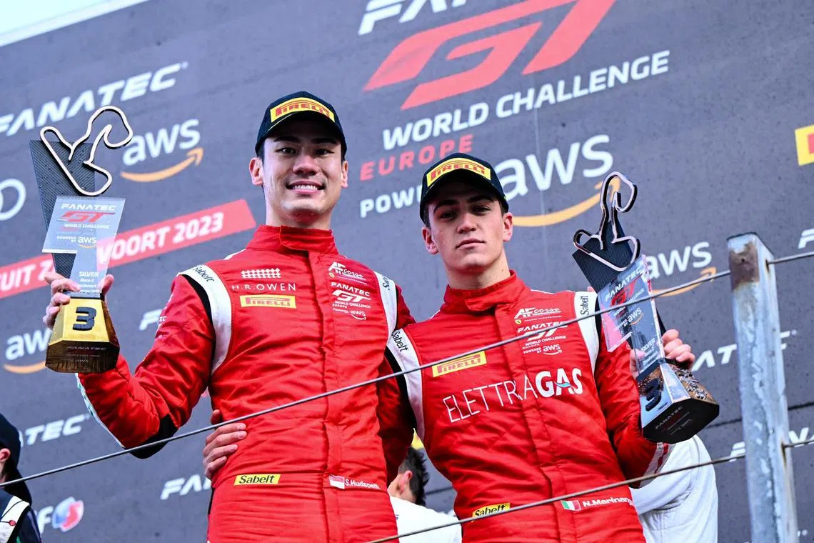 Sean Hudspeth (left) and  AF Corse teammate Nicola Marinangeli celebrating their podium finish in the GT WOrld Challenge Europe.