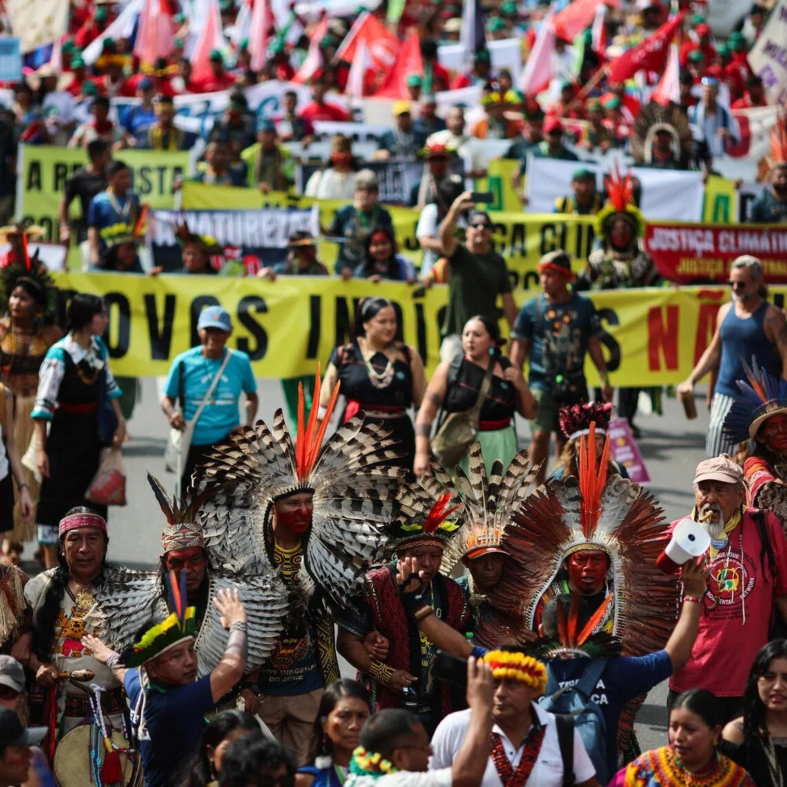 Thousands of protesters march through the streets of Belem, Brazil, to call for climate justice and territorial protection.
