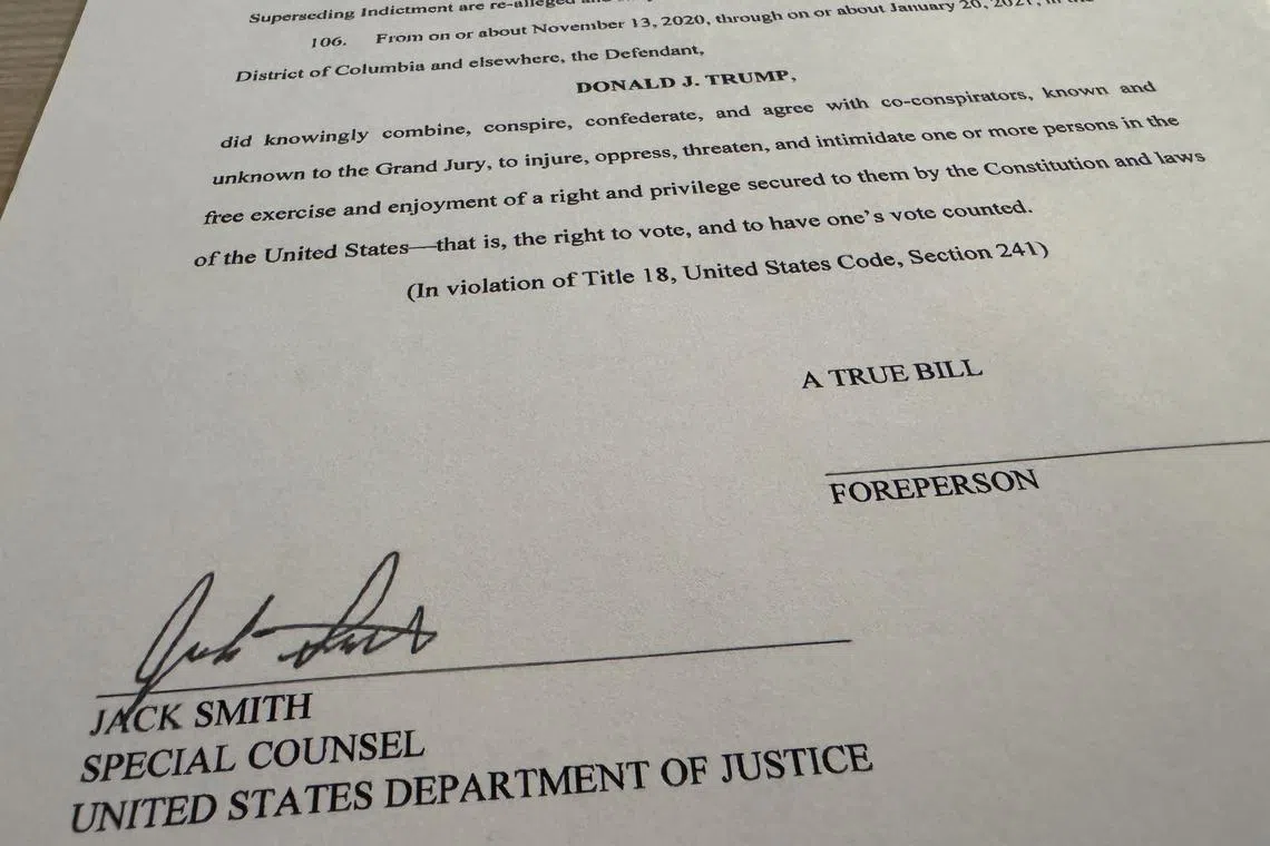 FILE PHOTO: Special Counsel Jack Smith's signature is seen on a revised indictment in the 2020 election subversion case against Donald Trump after U.S. prosecutors obtained the indictment in Washington, U.S., August 27, 2024. U.S. Department of Justice/Handout via REUTERS/File Photo