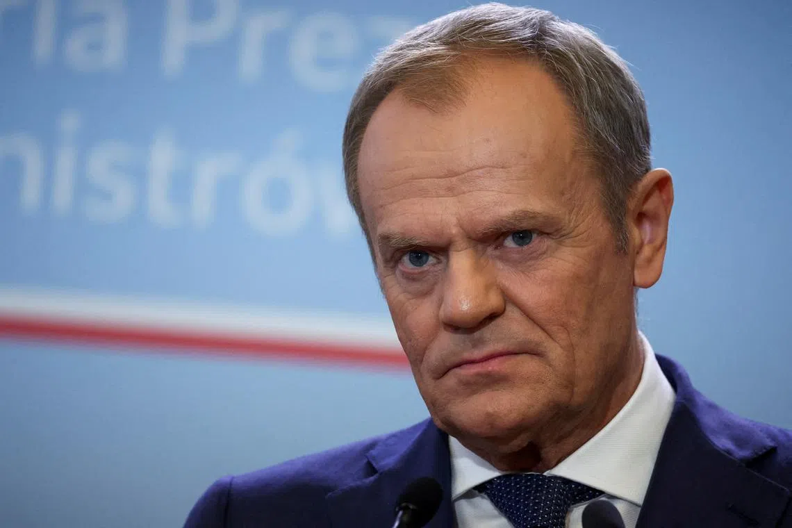 FILE PHOTO: Polish Prime Minister Donald Tusk looks on during a press conference with Danish Prime Minister Mette Frederiksen in Warsaw, Poland, April 15, 2024. REUTERS/Kacper Pempel/File Photo
