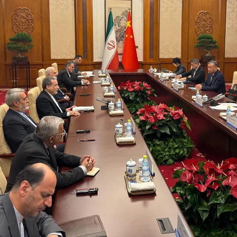 Iranian Foreign Minister Abbas Araqchi meets with Chinese Foreign Minister Wang Yi in a location given as Beijing, China, in this handout image released May 6, 2026. Seyed Abbas Araqchi via Telegram/Handout via REUTERS