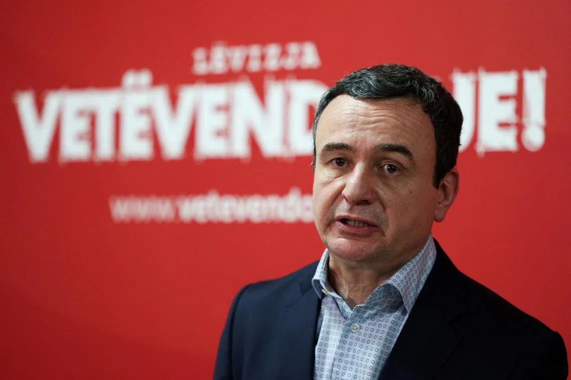 Kosovo's Prime Minister and Levizja Vetevendosje (Movement for Self-Determination) party leader Albin Kurti speaks during a press conference at the party's headquarters in Pristina, Kosovo, December 28, 2025. REUTERS/Florion Goga