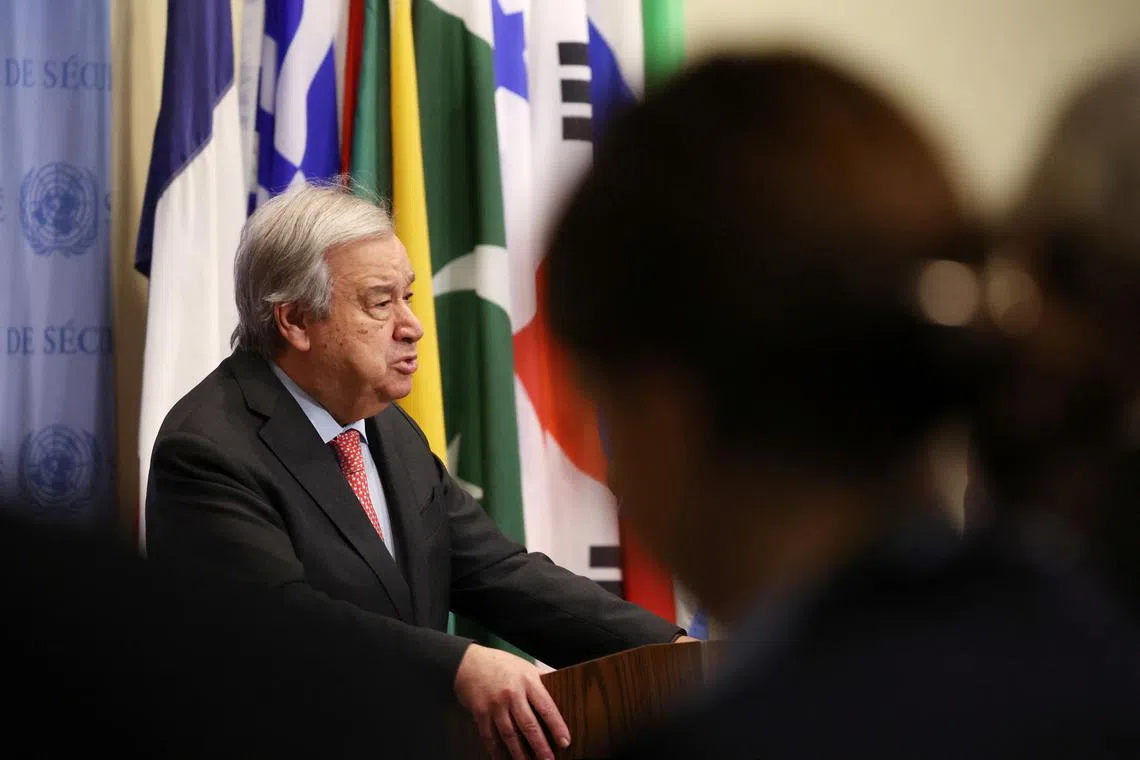 United Nations Secretary General Antonio Guterres speaks on the situation in Myanmar following the recent earthquake during a press conference at U.N. headquarters in New York City, U.S., April 3, 2025. REUTERS/Shannon Stapleton