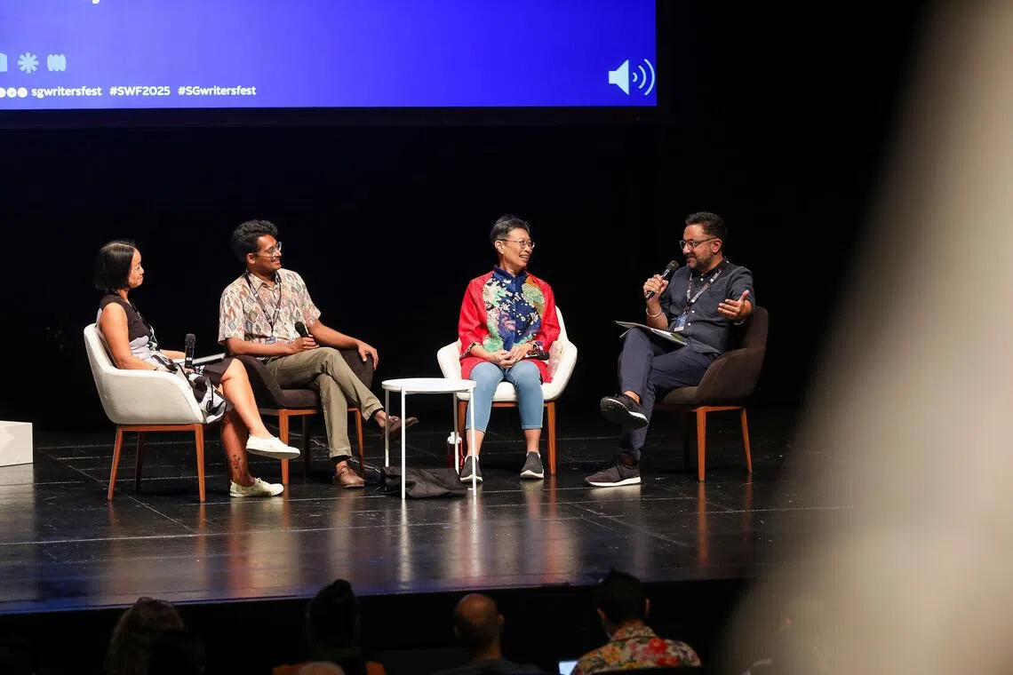 (From left) Meihan Boey, Anirudh Kanisetti, Ovidia Yu and Sathnam Sanghera at the panel discussion held at Victorian Theatre during the Singapore Writers Festival. 