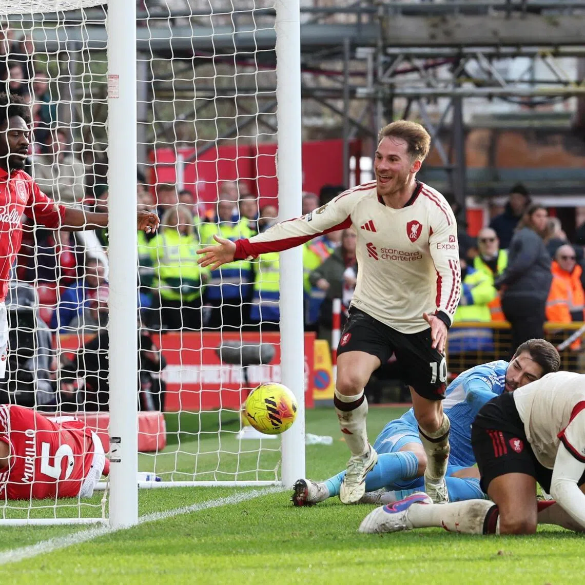 Liverpool's Alexis Mac Allister celebrating after scoring a late winner in the 1-0 English Premier League triumph over Nottingham Forest at The City Ground on Feb 22, 2026.