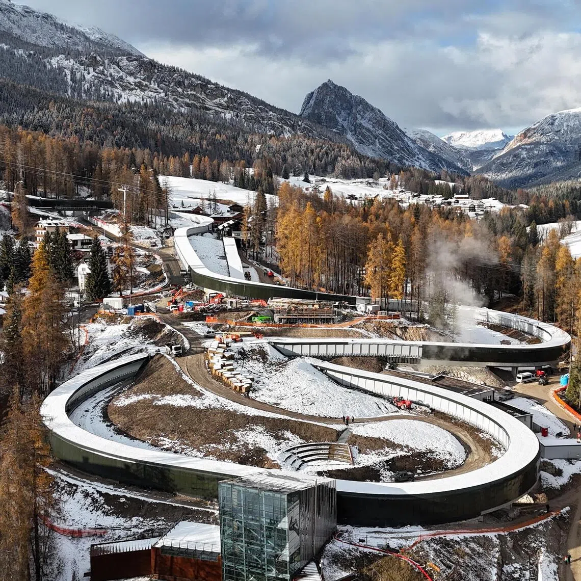 A drone view on Nov 21, 2025 shows the Cortina Sliding Centre, which will host bobsleigh, skeleton and luge competitions at the Milano Cortina Winter Olympic Games 2026 in Italy.