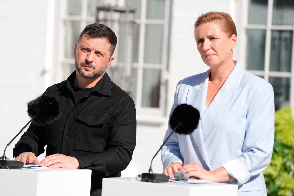 Ukrainian President Volodymyr Zelensky (left) attending a press conference in Denmark with Danish Prime Minister Mette Frederiksen on Sept 3.