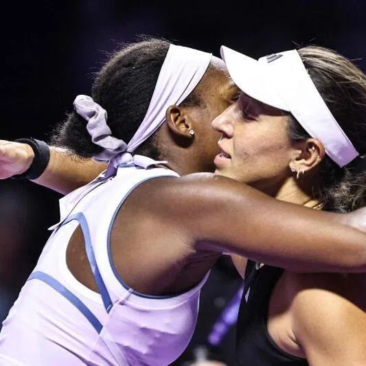 USA’s Coco Gauff (left) and USA’s Jessica Pegula congratulate each other at the end of their tennis match at the WTA Finals in Riyadh.
