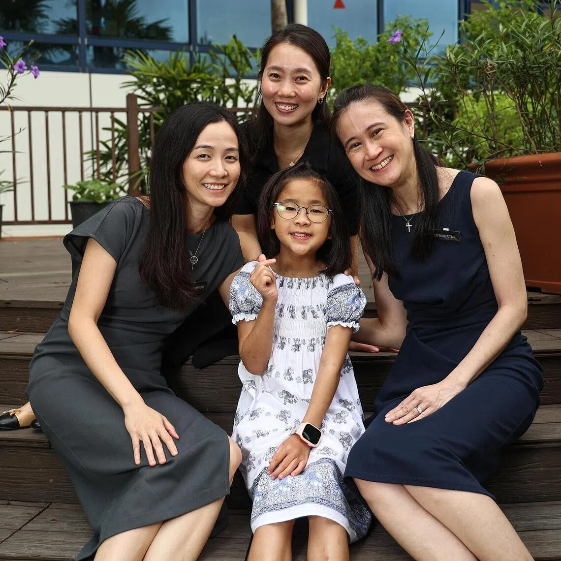 Phoebe Hu with her doctors (left to right) Dr Nikki Fong, Dr Valerie Ho and Dr Enrica Tan at KK Women’s and Children’s Hospital on Oct 21.