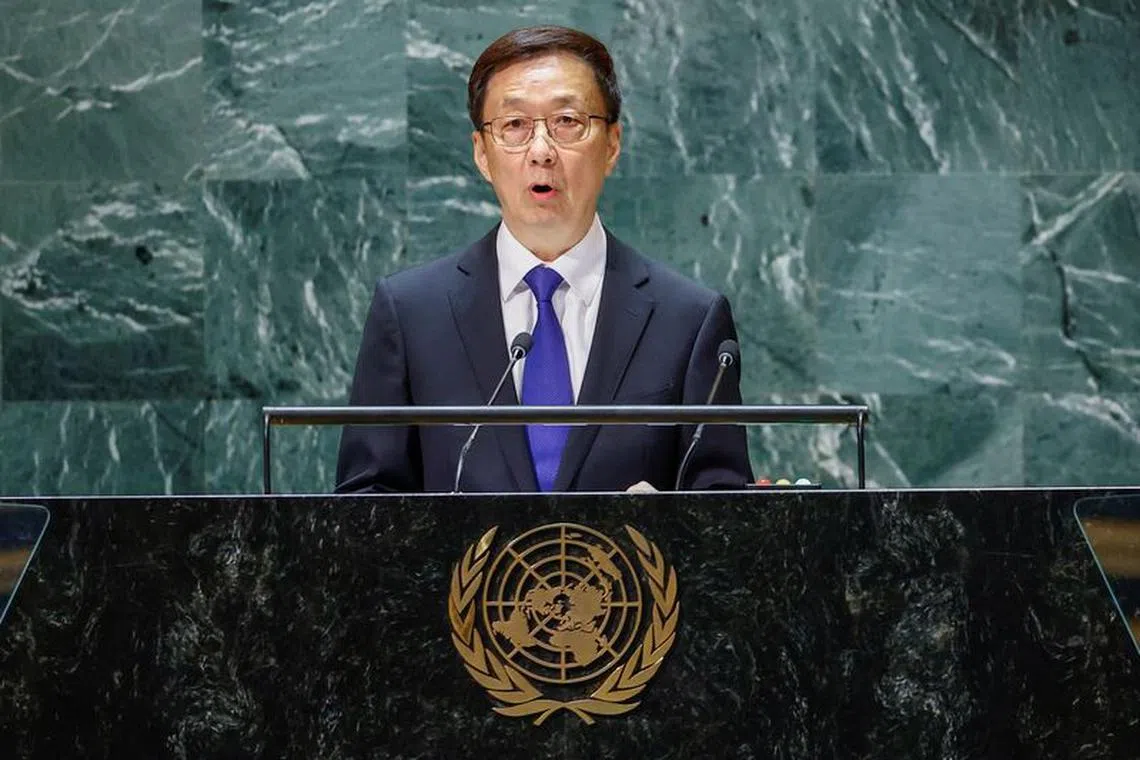 Chinese Vice President Han Zheng addresses the 78th Session of the U.N. General Assembly in New York City, U.S., September 21, 2023.  REUTERS/Eduardo Munoz