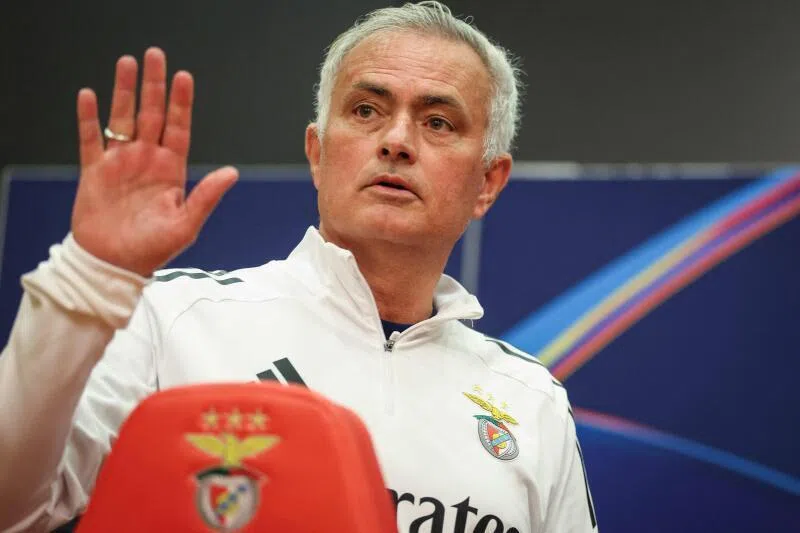 Benfica’s coach Jose Mourinho at a press conference on the eve of their UEFA Champions League knockout round play-off against Real Madrid in Lisbon, on Feb 16, 2026.