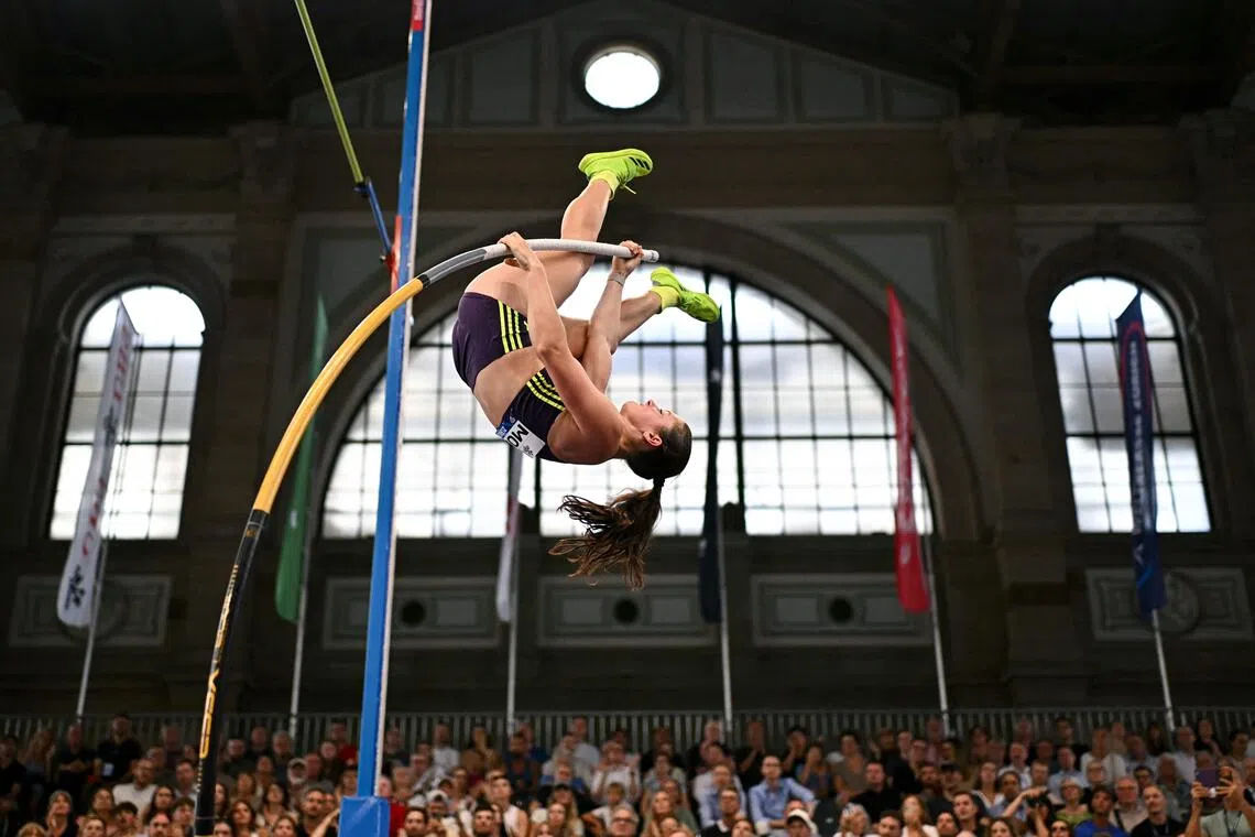 US pole vaulter Hana Moll competing in the Diamond League Weltklasse Zurich athletics meeting at the Wanner Hall of the Zurich Main Railway Station on Aug 26.
