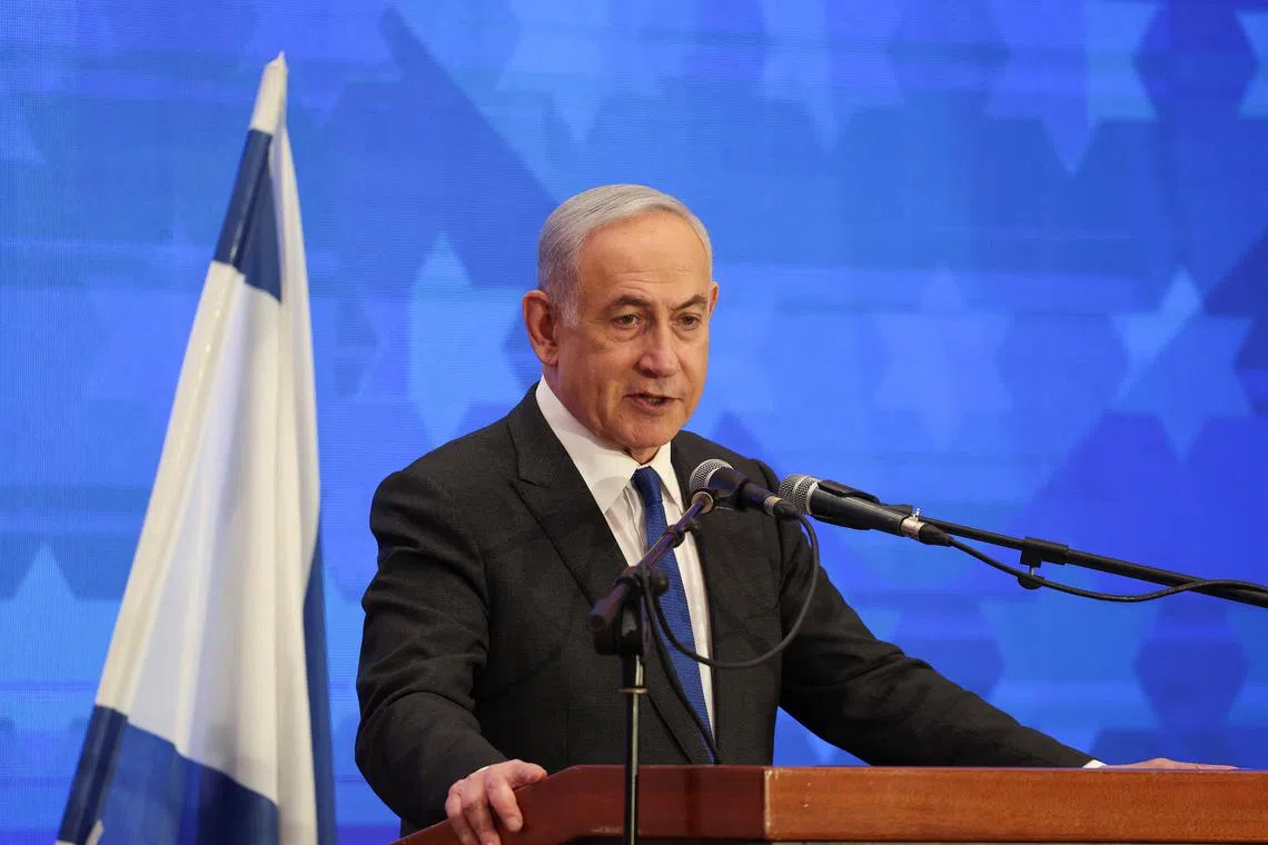Israeli Prime Minister Benjamin Netanyahu addresses the Conference of Presidents of Major American Jewish Organizations, amid the ongoing conflict between Israel and the Palestinian Islamist group Hamas, in Jerusalem, February 18, 2024. REUTERS/Ronen Zvulun/ File photo
