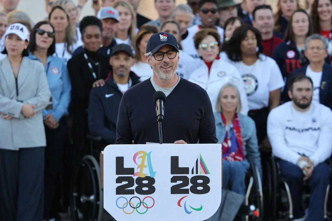 Los Angeles 2028 Olympics chairperson and president Casey Wasserman speaking during a press conference at the LA Coliseum in January.