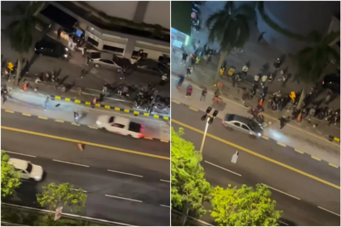 In a video of the incident posted on Facebook, a silver sedan is seen hurtling down a narrow road as pedestrians frantically try to move out of the way.