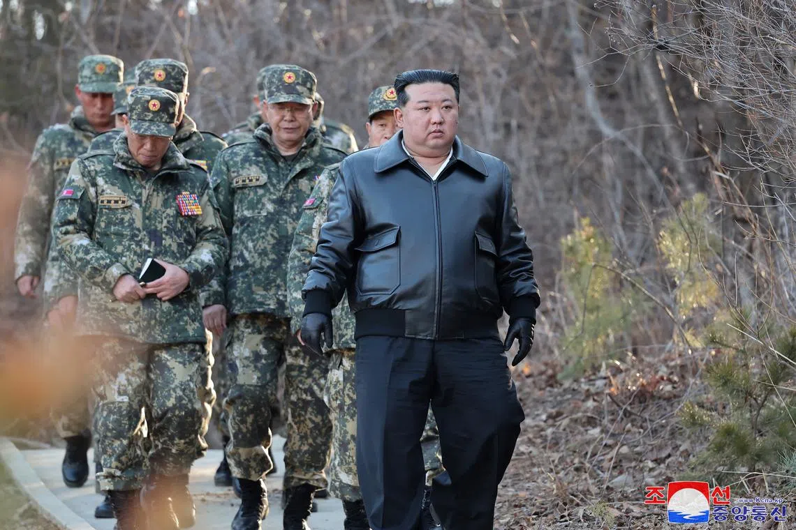 North Korean leader Kim Jong Un inspects field training of troops at a major military operations base in the western region of the country, as he ordered heightened readiness for war, KCNA news agency reported, in North Korea, in this picture released on March 7, 2024 by the Korean Central News Agency. KCNA via REUTERS