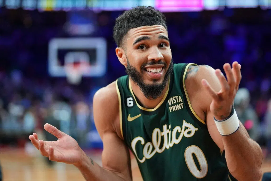 Jayson Tatum of the Boston Celtics reacting after the game against the Philadelphia 76ers at the Wells Fargo Centre on Saturday. The Celtics defeated the 76ers 110-107 thanks to his three-pointer with less than two seconds remaining .