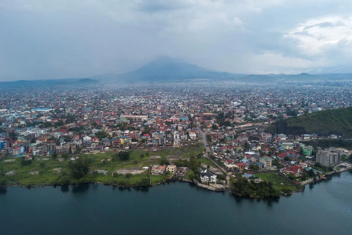 FILE PHOTO: Aerial view shows Lake Kivu and the skyline of the city of Goma, North Kivu province, Democratic Republic of the Congo, October 21, 2023. REUTERS/Arlette Bashizi/File Photo