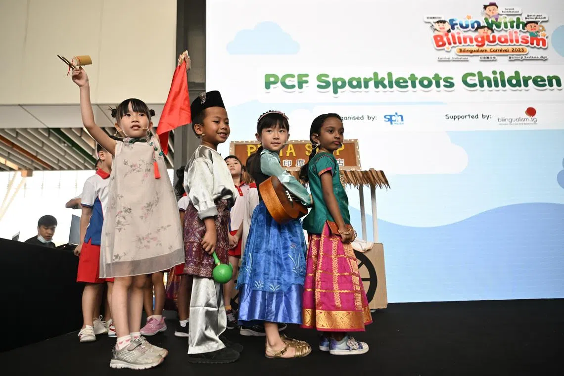 PAP Community Foundation pupils performing at the inaugural Bilingualism Carnival at One Punggol on April 8, 2023.