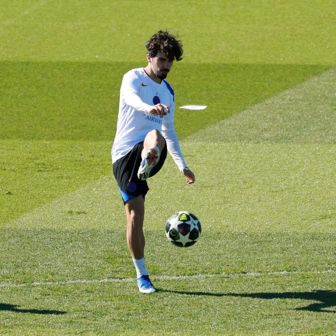 Paris Saint-Germain midfielder Vitinha in action during training at Campus Paris St Germain in Poissy, France, on April 7, 2026.