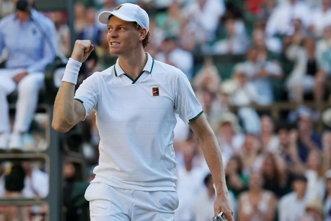 Jul 12, 2026; London, United Kingdom; Jannik Sinner (ITA) reacts after winning a point against Alexander Zverev (GER) (not pictured) in the gentlemen's singles final of The Championships Wimbledon 2026 at All England Lawn Tennis and Croquet Club. Mandatory Credit: Geoff Burke-Imagn Images