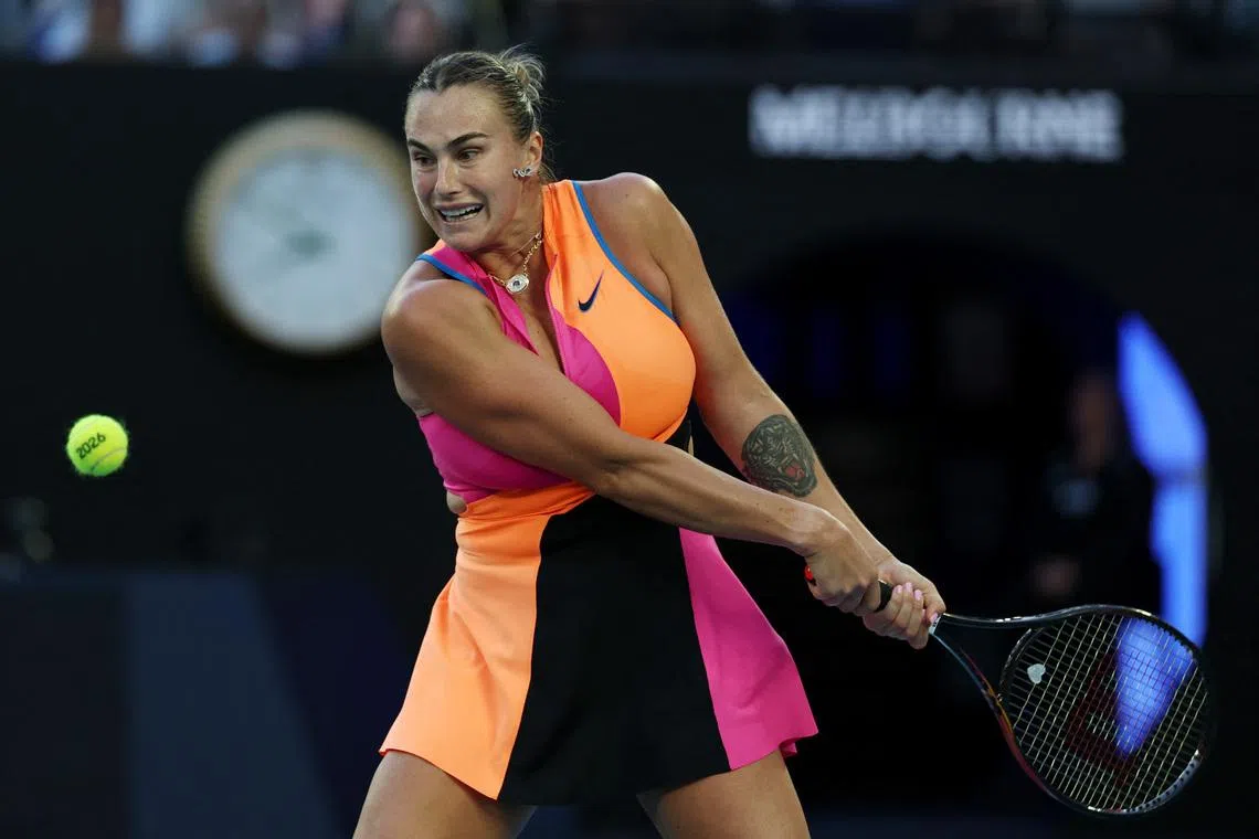 Tennis - Australian Open - Melbourne Park, Melbourne, Australia - January 18, 2026 Belarus' Aryna Sabalenka in action during her first round match against France's Tiantsoa Rakotomanga Rajaonah REUTERS/Hollie Adams
