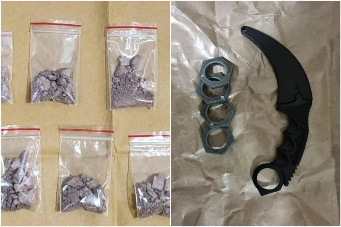 Drugs, including heroin, were seized from a residential flat in Redhill while knuckle dusters and a karambit knife were seized from a unit in Pasir Ris.
