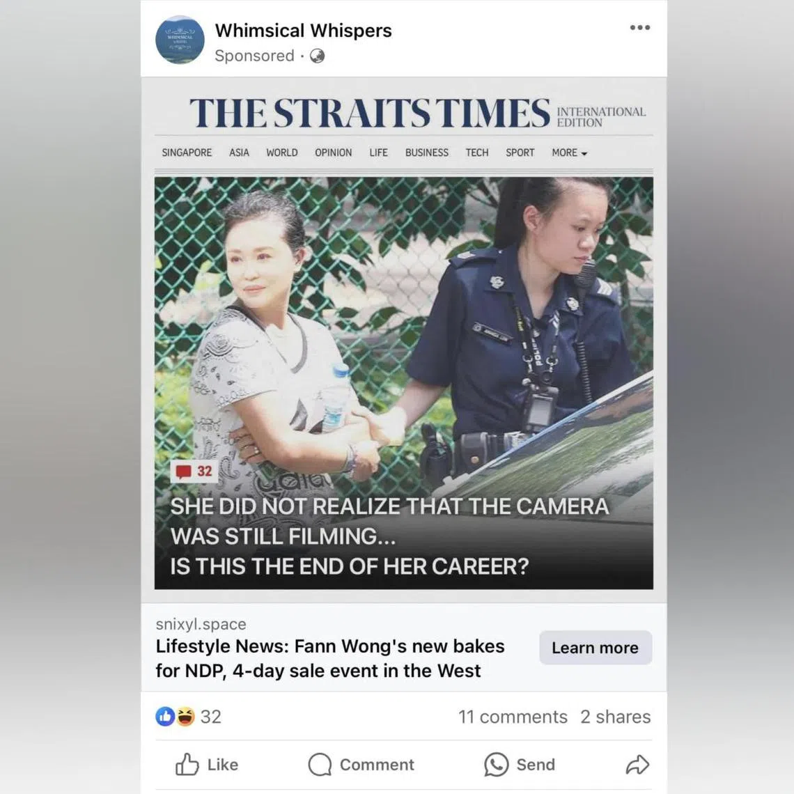 The posts featured a doctored photo with celebrity Fann Wong's face under the Straits Times masthead.