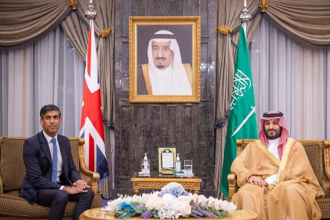 Saudi Crown Prince Mohammed bin Salman meeting Britain's Prime Minister Rishi Sunak in the capital Riyadh on Oct 19, 2023.