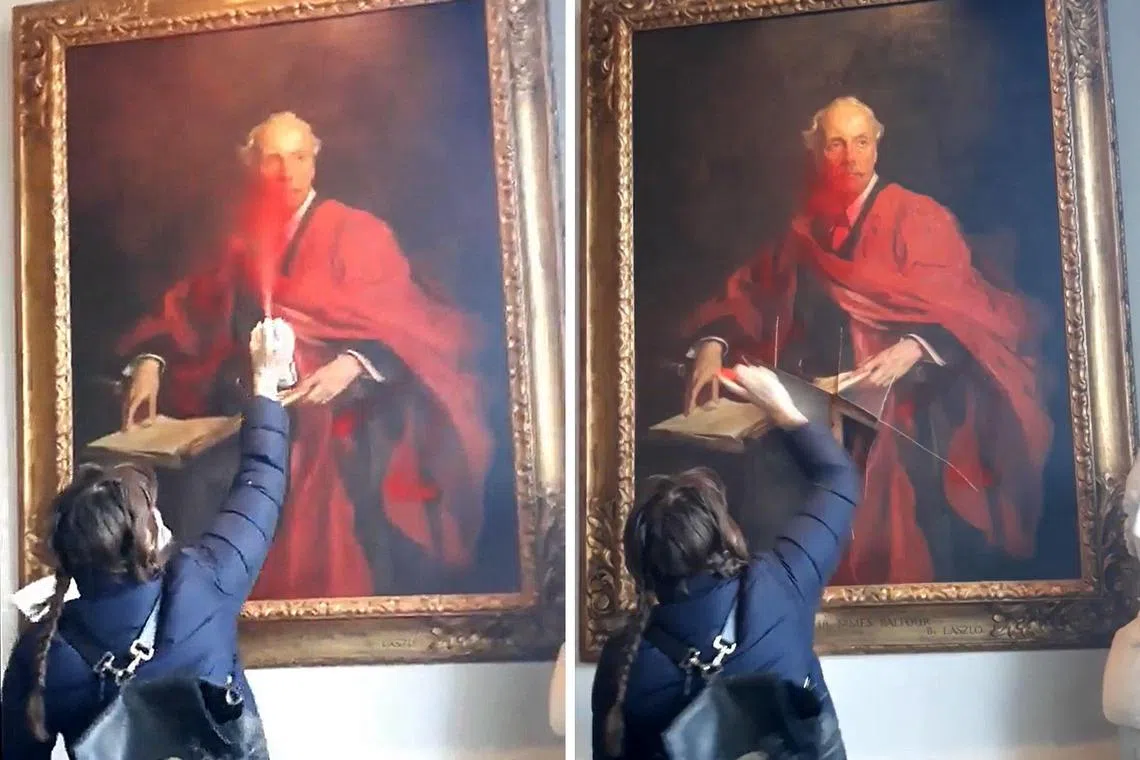 An activist defaced a century-old portrait of Arthur James Balfour at Trinity College, University of Cambridge in England on Marrch 8. 