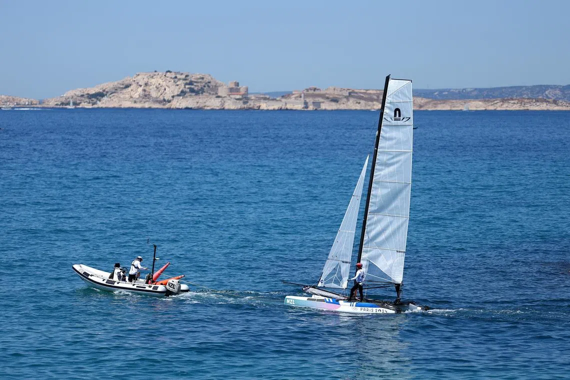 Paris 2024 Olympics - Sailing Training - Marseille Marina, Marseille, France - July 25, 2024. New Zealand teammates during training.