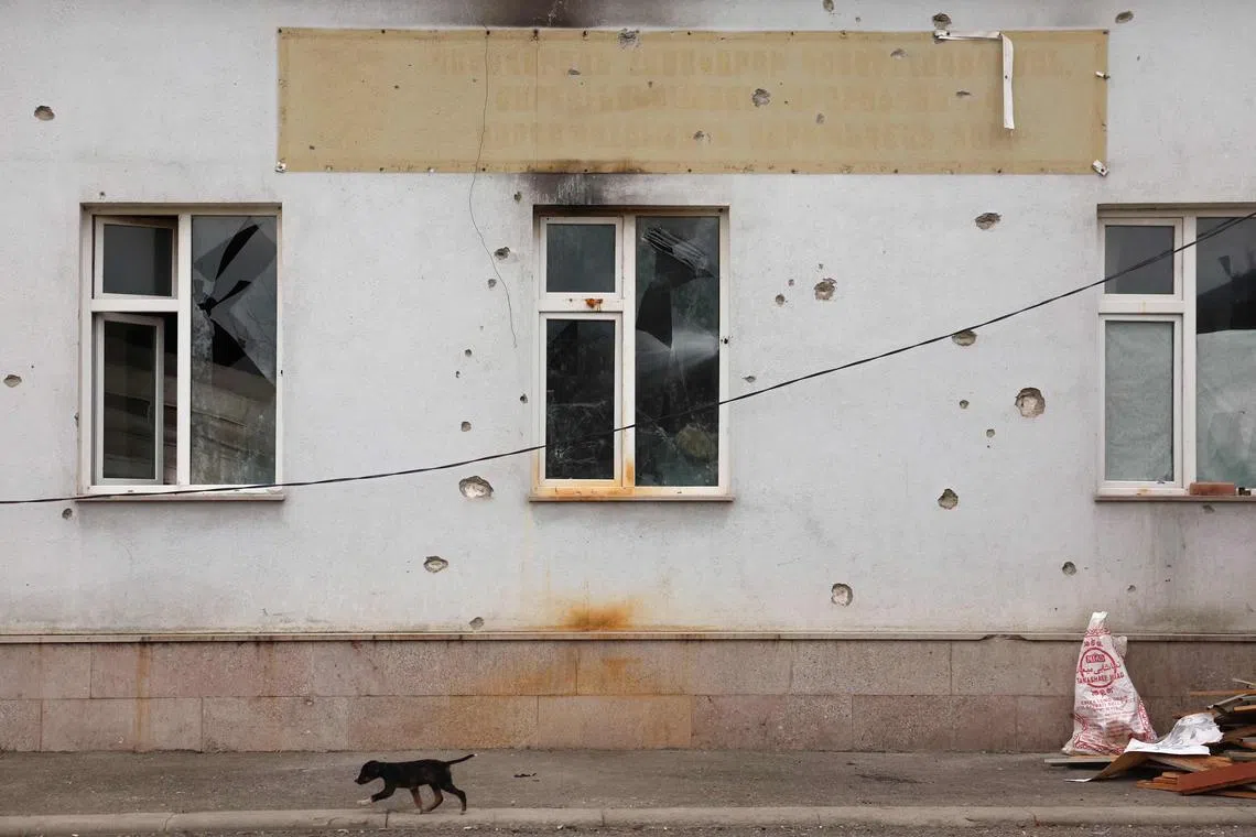 A bullet-riddled building is seen in Shusha, in Nagorno-Karabakh.