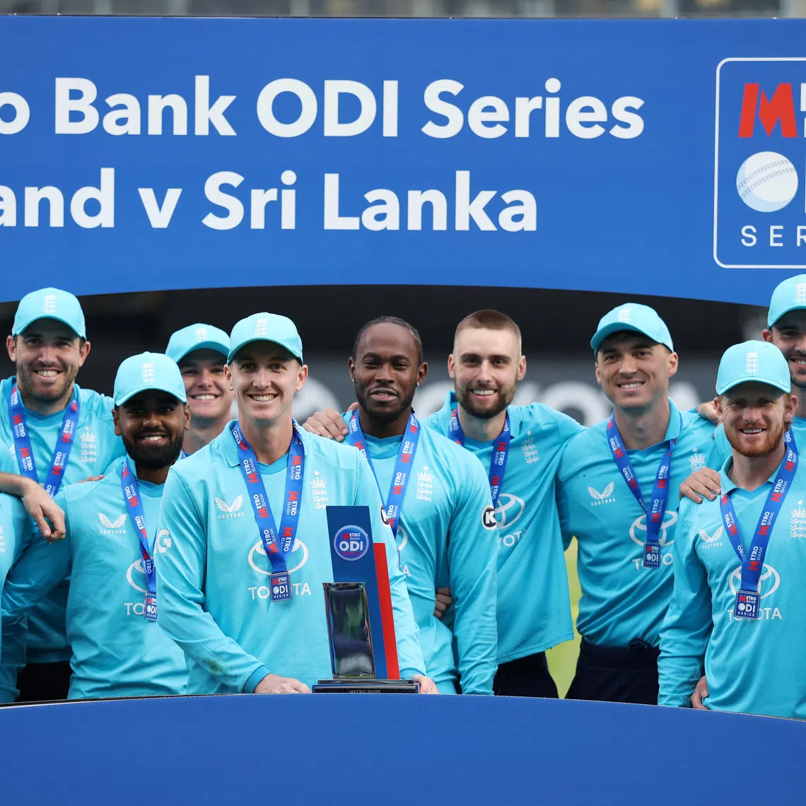 Cricket - Third One Day International - England v Sri Lanka - The Oval, London, Britain - September 27, 2026 England's Harry Brook lifts the trophy as he celebrates with teammates after winning the series Action Images via Reuters/John Sibley
