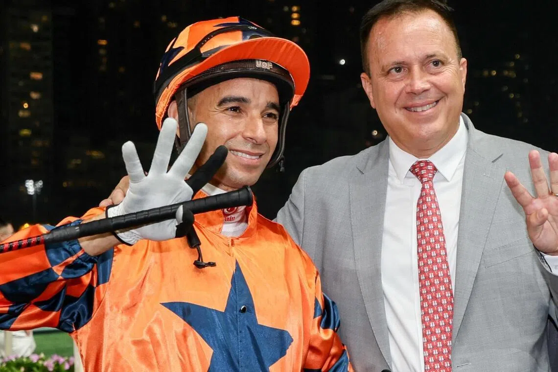 Joao Moreira and Caspar Fownes celebrating their four-timer at Happy Valley on April 8.  
