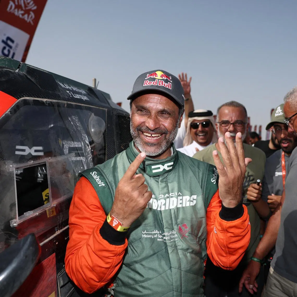 Rallying - Dakar Rally - Stage 13 - Yanbu to Yanbu - Yanbu, Saudi Arabia - January 17, 2026 Dacia's Nasser Al-Attiyah celebrates after winning in the car category REUTERS/Stephane Mahe
