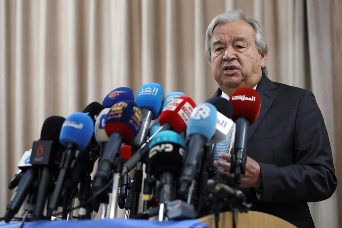 FILE PHOTO: United Nations Secretary-General Antonio Guterres speaks during a press conference inside a UNRWA school, at Al-Wehdat camp for Palestinian refugees, in Amman, Jordan March 25, 2024.  REUTERS/Alaa Al-Sukhni/File Photo