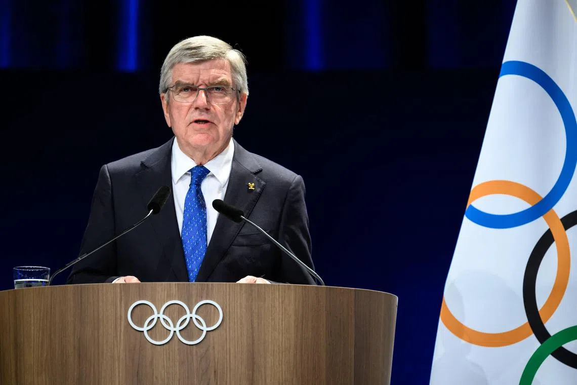 Outgoing International Olympic Committee (IOC) president Thomas Bach delivering a speech during the 142nd session of the IOC in Paris on August 10, 2024, during the Paris 2024 Olympic Games. Seven candidates are competing in the elections to succeed Bach at the IOC presidency during the 143rd IOC Session, to be held in Greece from March 18 to 21, 2025. 