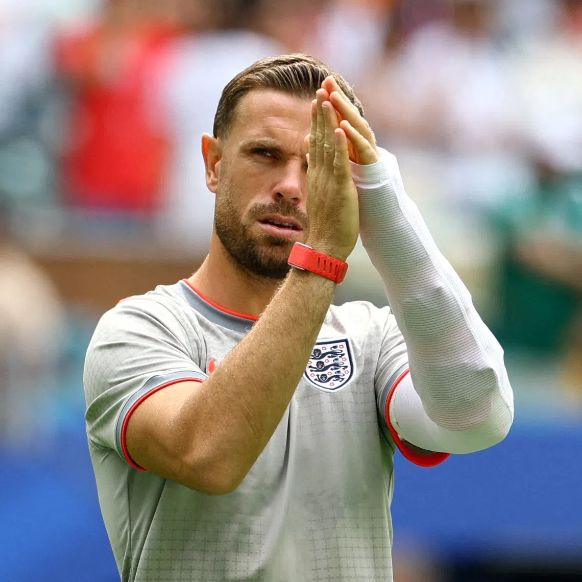 England’s Jordan Henderson with a brace on his left arm during the warm-up before the 2026 World Cup third place play-off against France on July 18 in Miami, USA.